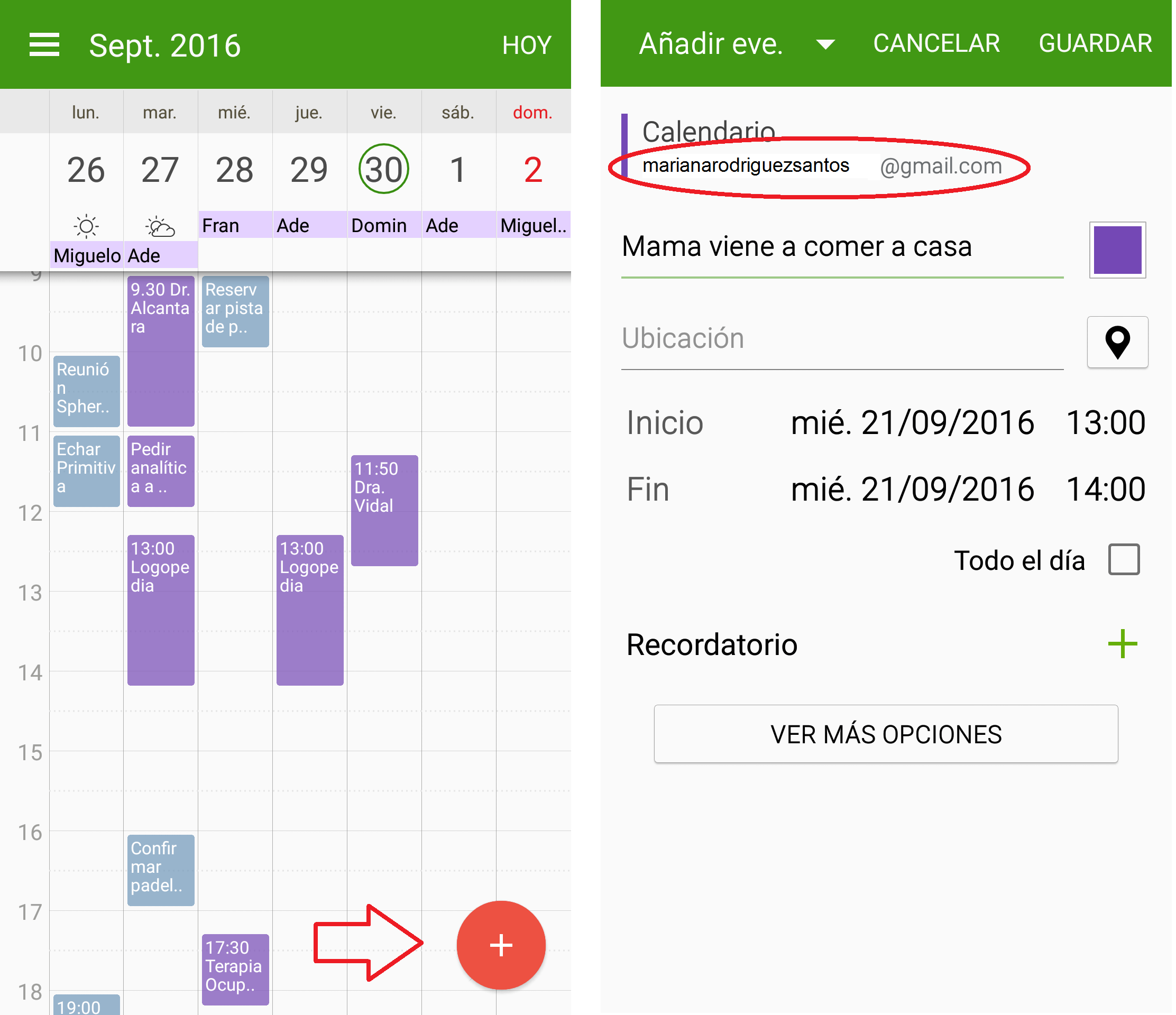 Calendario combinado en Android y Añadir evento
