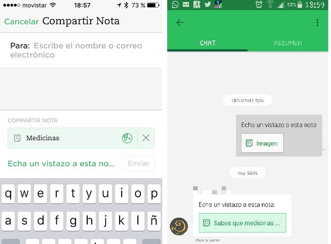 Compartir desde Evernote en iPhone y recepción en Evernote de otro usuario en Android Pantallas de Evernote. Compartir una Nota