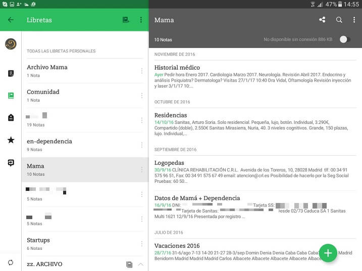 Menu de Evernote, Libretas y Notas Pantalla de Menu Evernote en Tableta Android