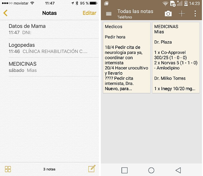 Menús con la lista de Notas de las mismas APPs Pantallas de Menus de Notas en iPhone y Android