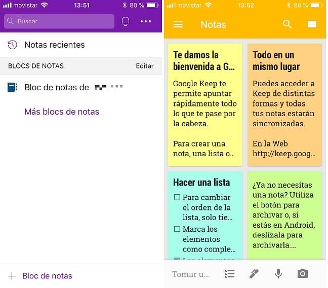 Pantallas de Microsoft OneNote y Google Keep