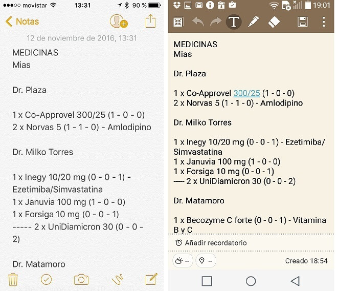 Pantallas de Notas en iPhone y Android