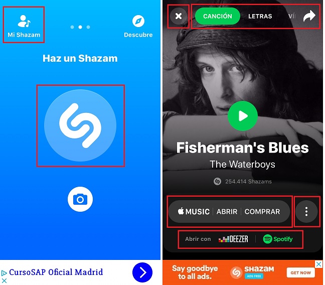 Pantallas de Shazam. Búsqueda y Respuesta