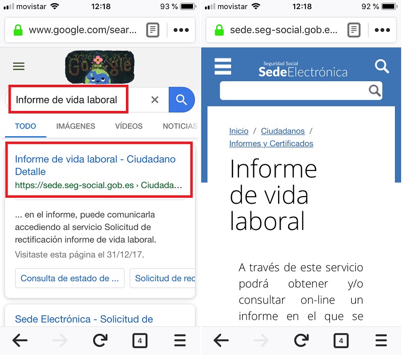 Pantallas de búsqueda del Informe de vida laboral