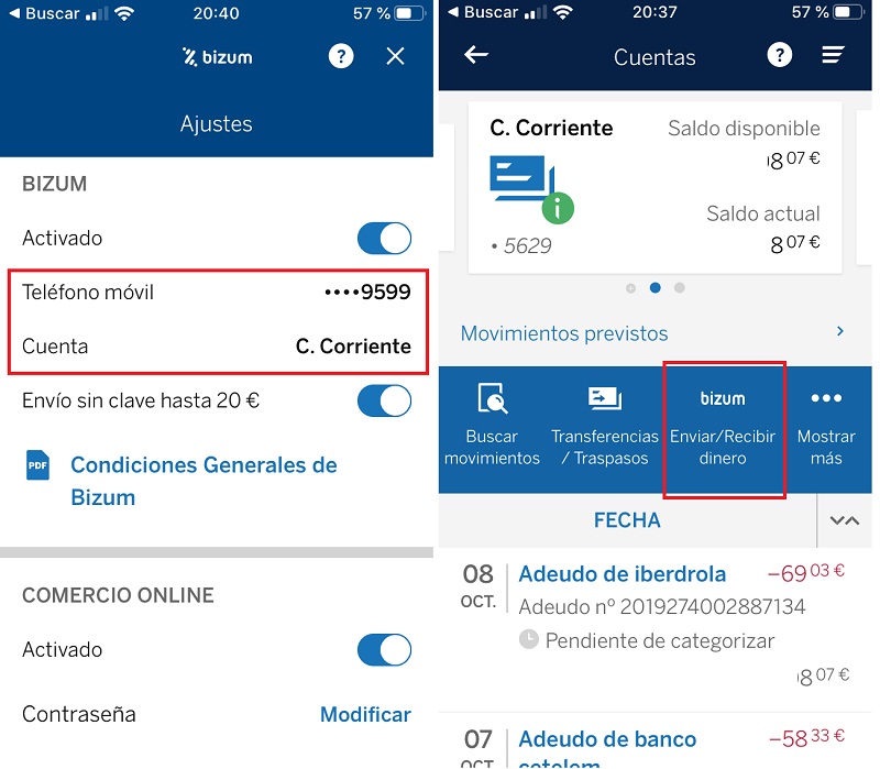 Pantalla de ajustes de Bizum y del menú de cuenta de la APP de BBVA